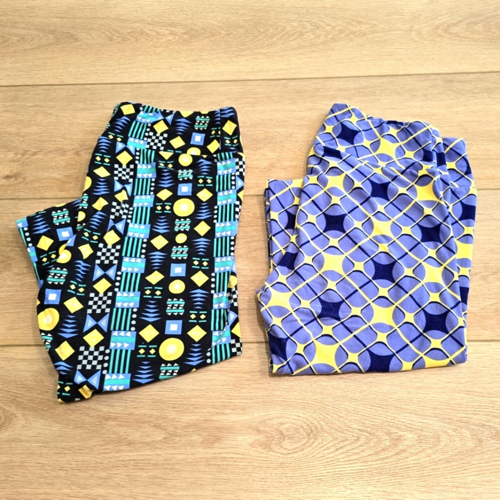 LulaRoe Leggings Lot Two Women's Size Tall & Curvey, Large Blue & Yellow Pants